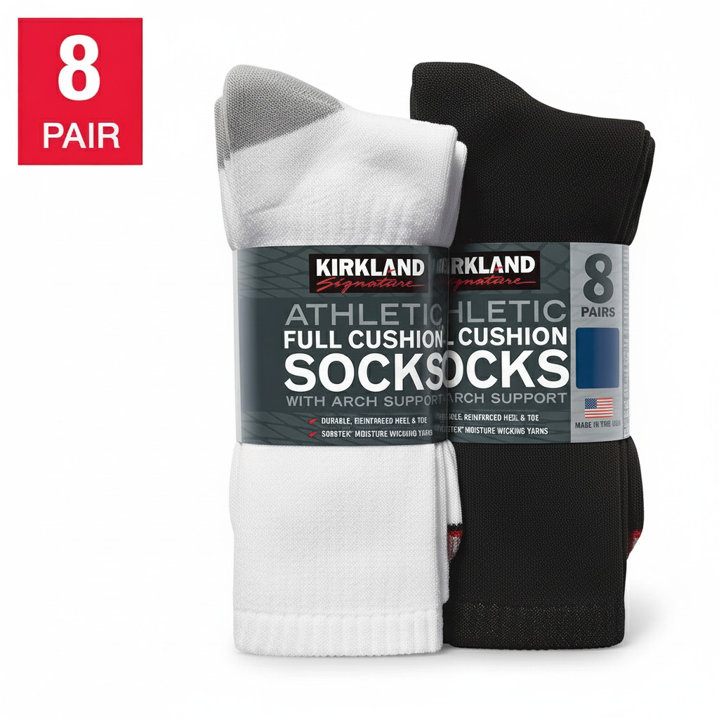 Kirkland Signature Men's Athletic Sock, 8-pair Arch Support Made in USA
