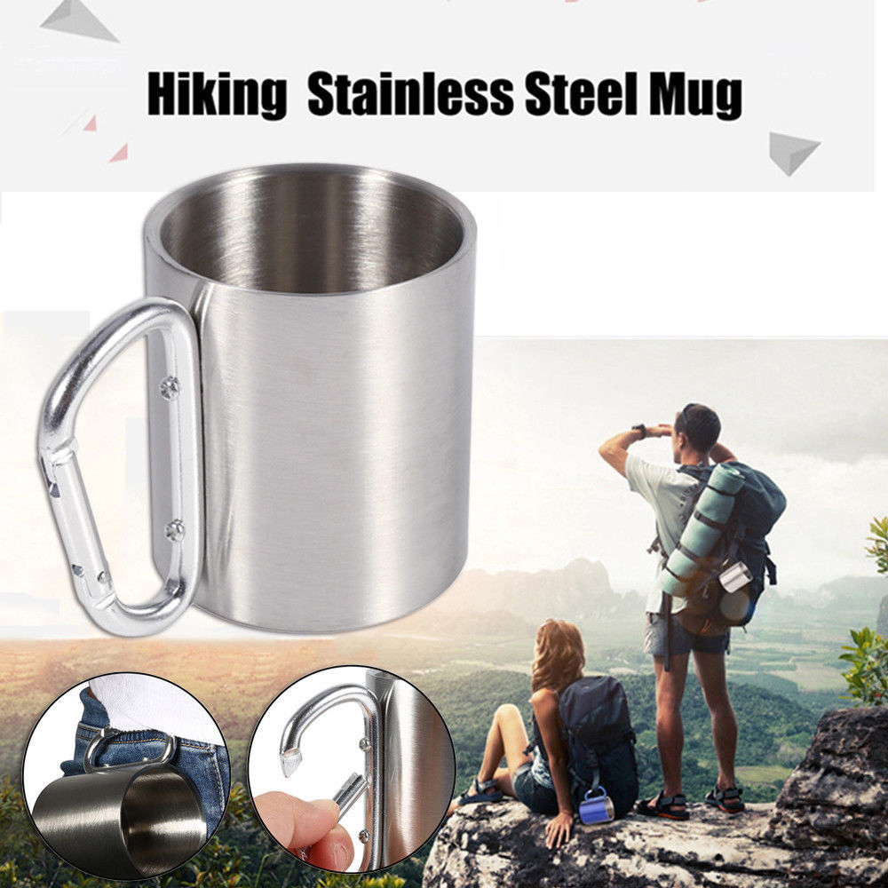 Outdoor Camping Cup Stainless Steel Coffee Mug Carabiner Hook Double Wall 220ml
