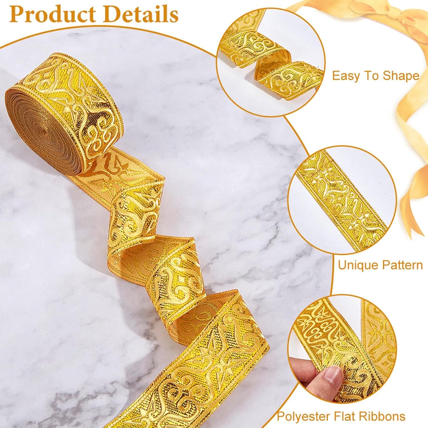 7.7 Yards Gold Jacquard Ribbon Trim, 1-1/4 Inch Wide Boho Woven Trim Ethnic Flor