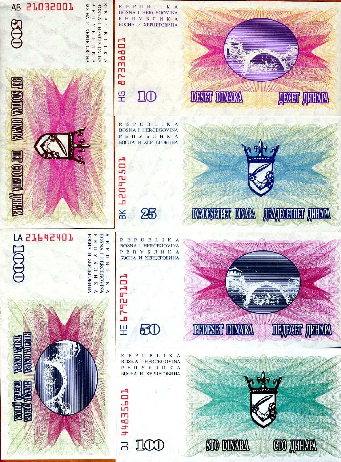 SET, Bosnia-Herzegovina, 10;25;50;100;500;1000 1992, P-10-11-12-13-14-15 UNC