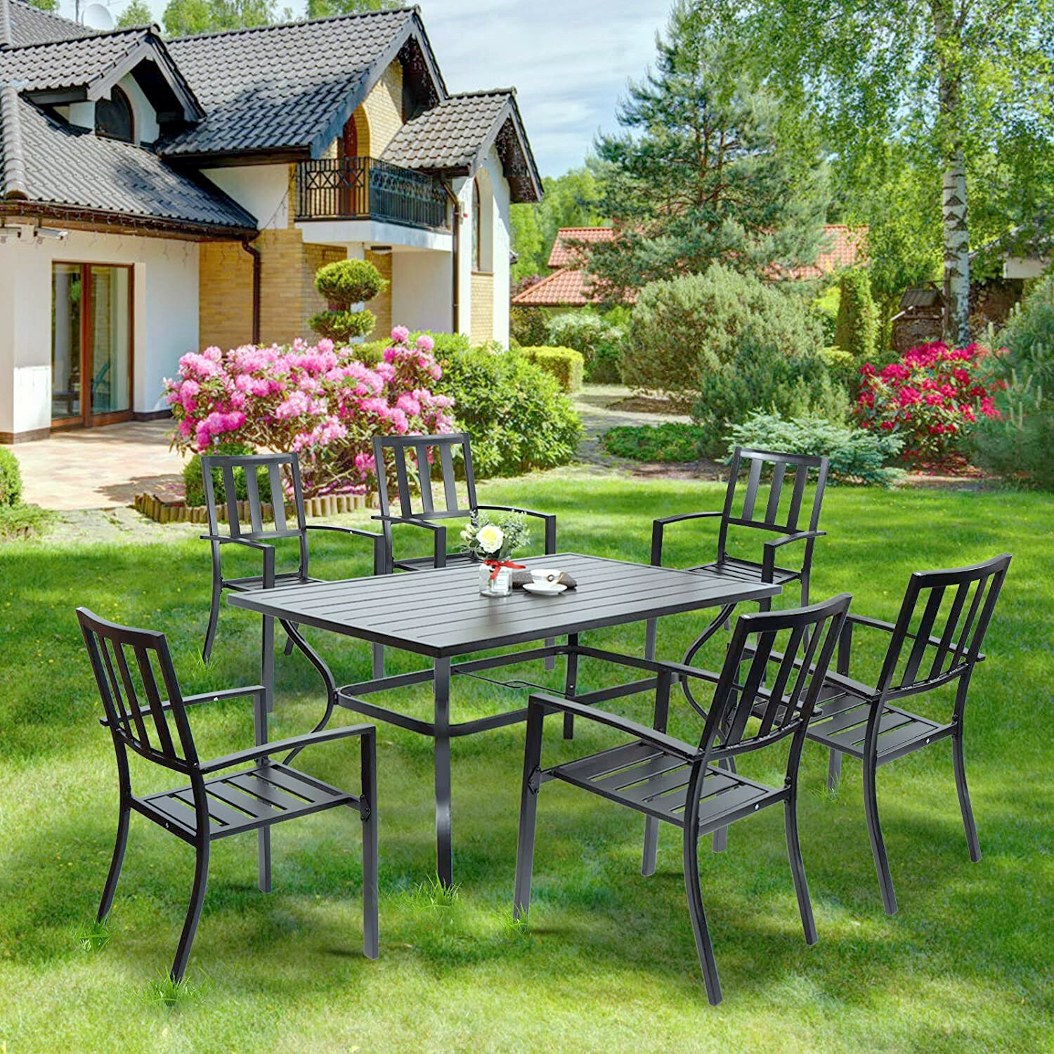 60" Outdoor Dining Table Metal Rectangular Patio Dining Table with Umbrella Hole