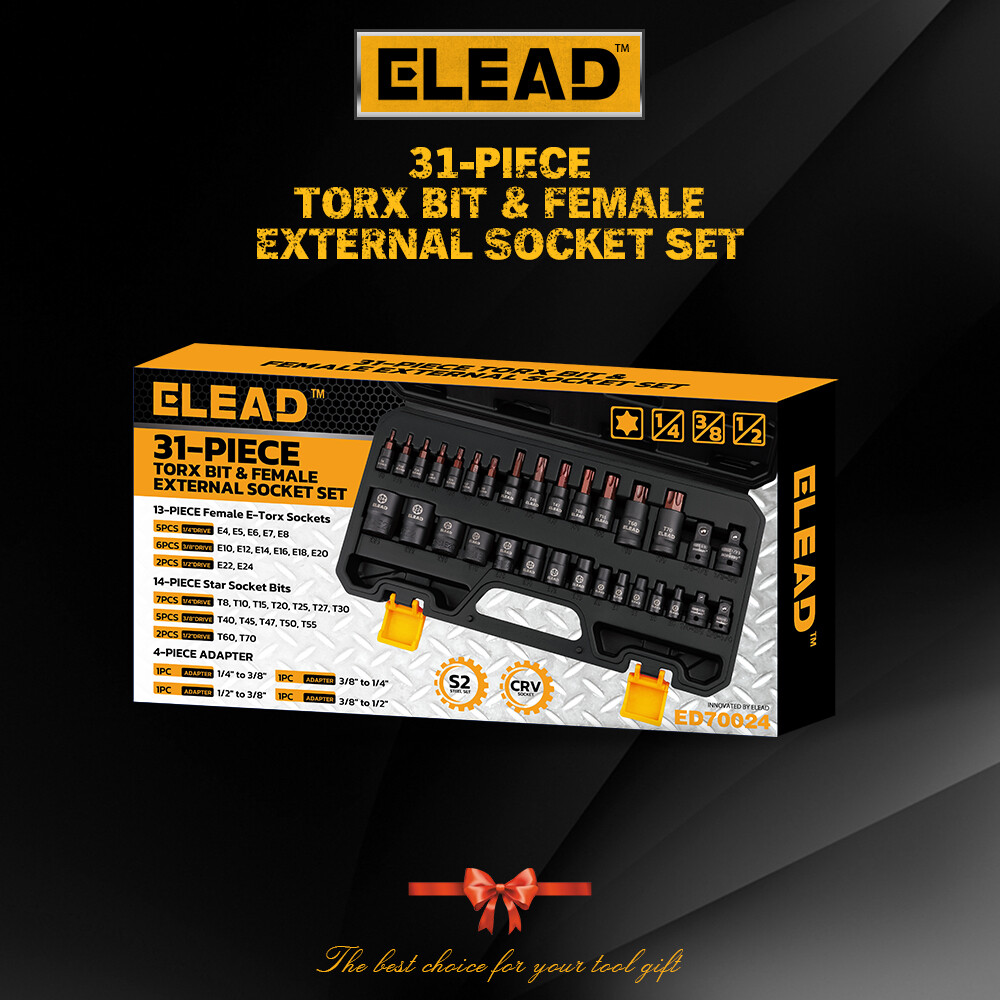 31PC Torx Bit Socket Set T8-T70 & E-Torx E4-E24 S2 Alloy Steel Star Premium CR-V