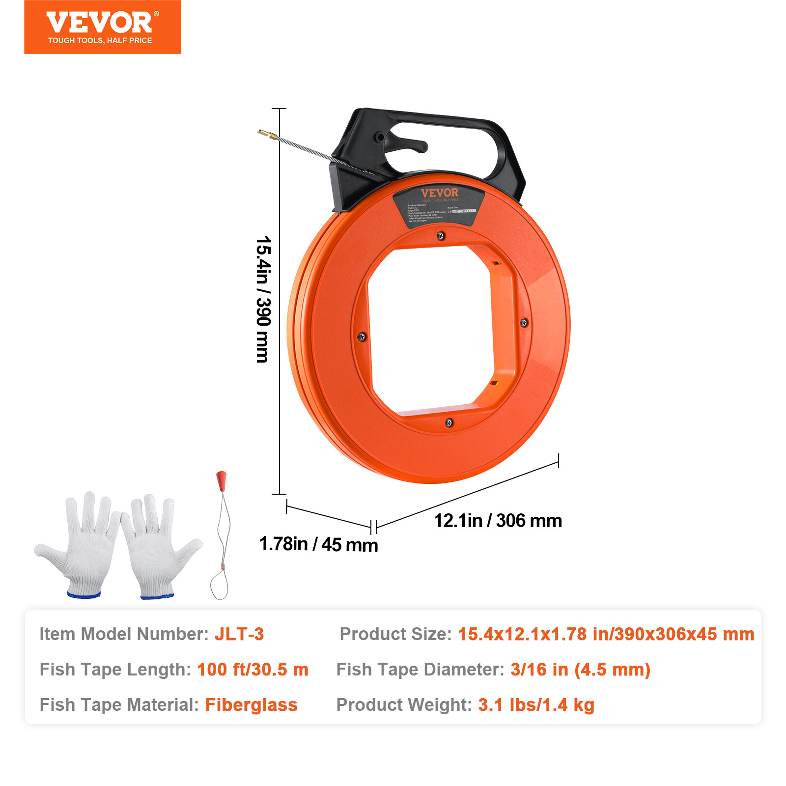 VEVOR Fish Tape Wire Cable Line Puller 100ft 3/16in Fiberglass High Plastic Case
