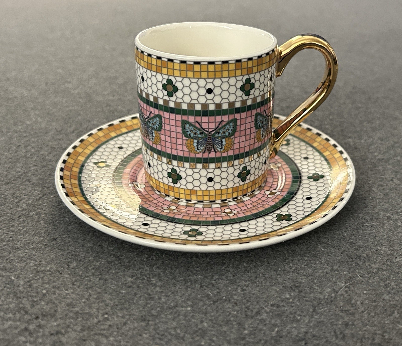Anthropologie Bistro Tile Espresso Cup Saucer Set Pink Butterfly 24K Gold NEW