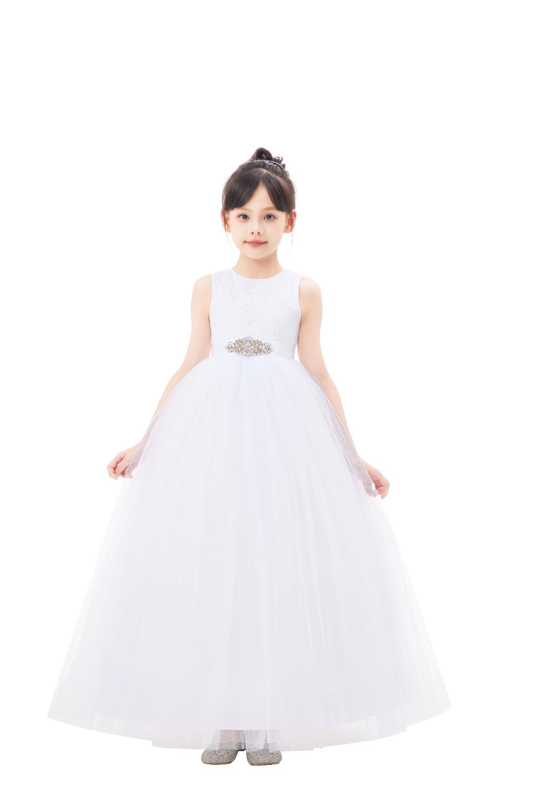 Heart Cutout Floral Lace Flower Girl Dress with Rhinestone Birthday Dresses