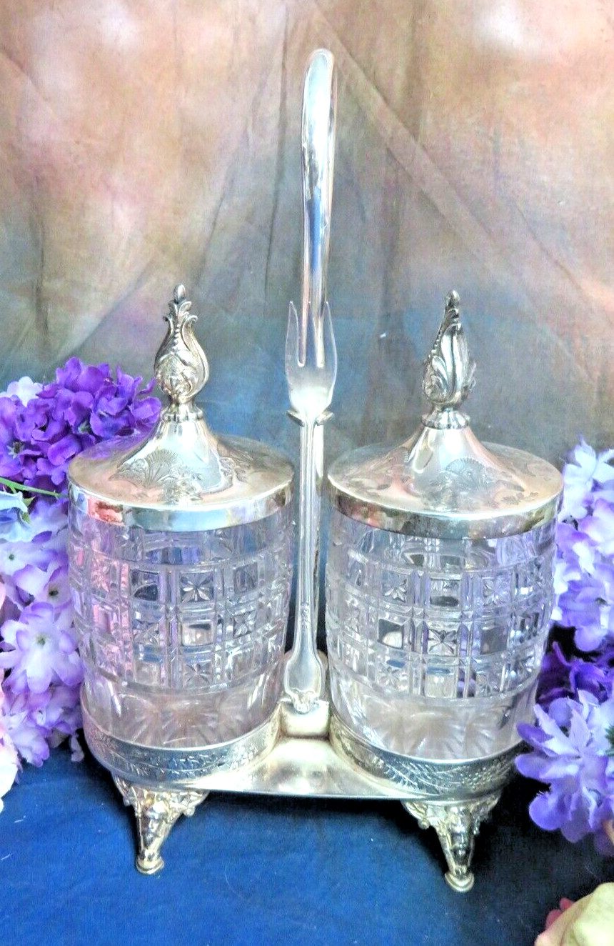 Pickle Castor silver plate frame Meriden B double EAPG jars Antique Victorian