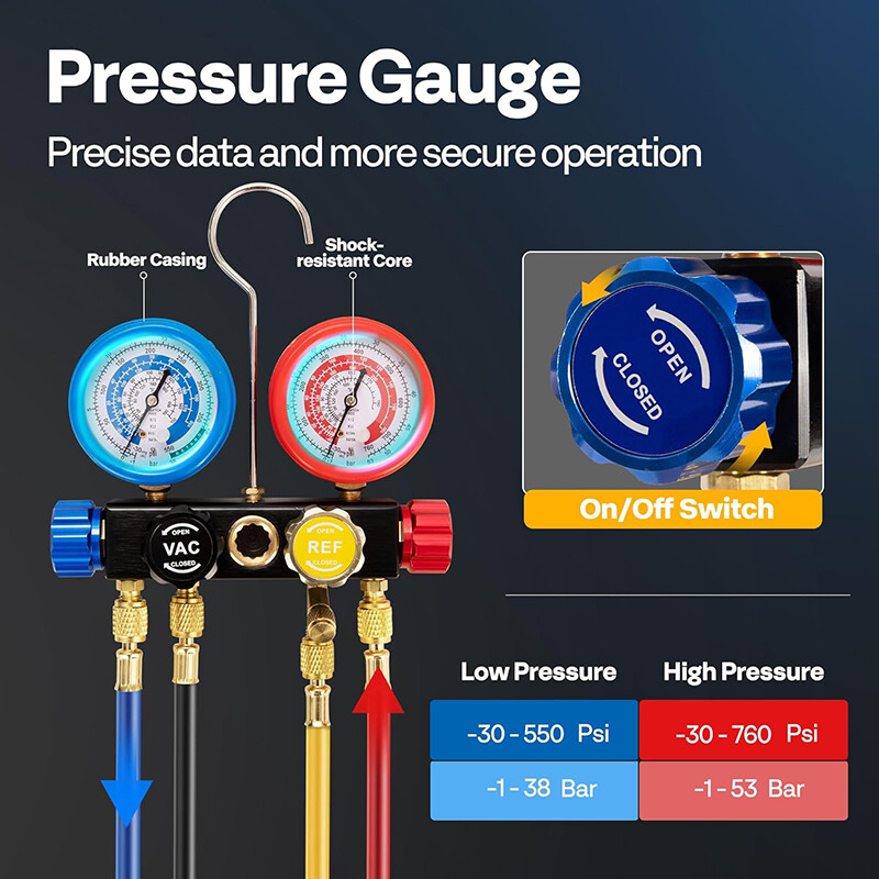 1/2 HP 5CFM 2 Stage HVAC Vacuum Pump & 4 Way AC Manifold Gauge Set 5ft Hoses