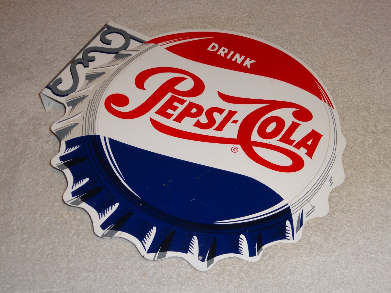 VINTAGE DRINK PEPSI COLA DIECUT 14" METAL SODA POP GASOLINE OIL FLANGE SIGN M173