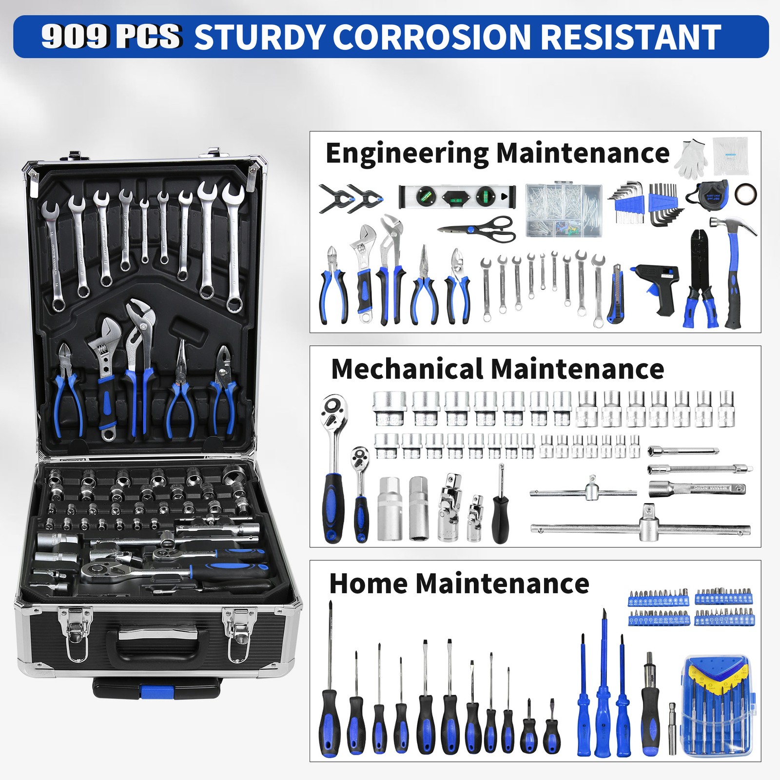 909 PCS Mechanics Tool Set Metal Case Socket Wrench Set Tool Kit