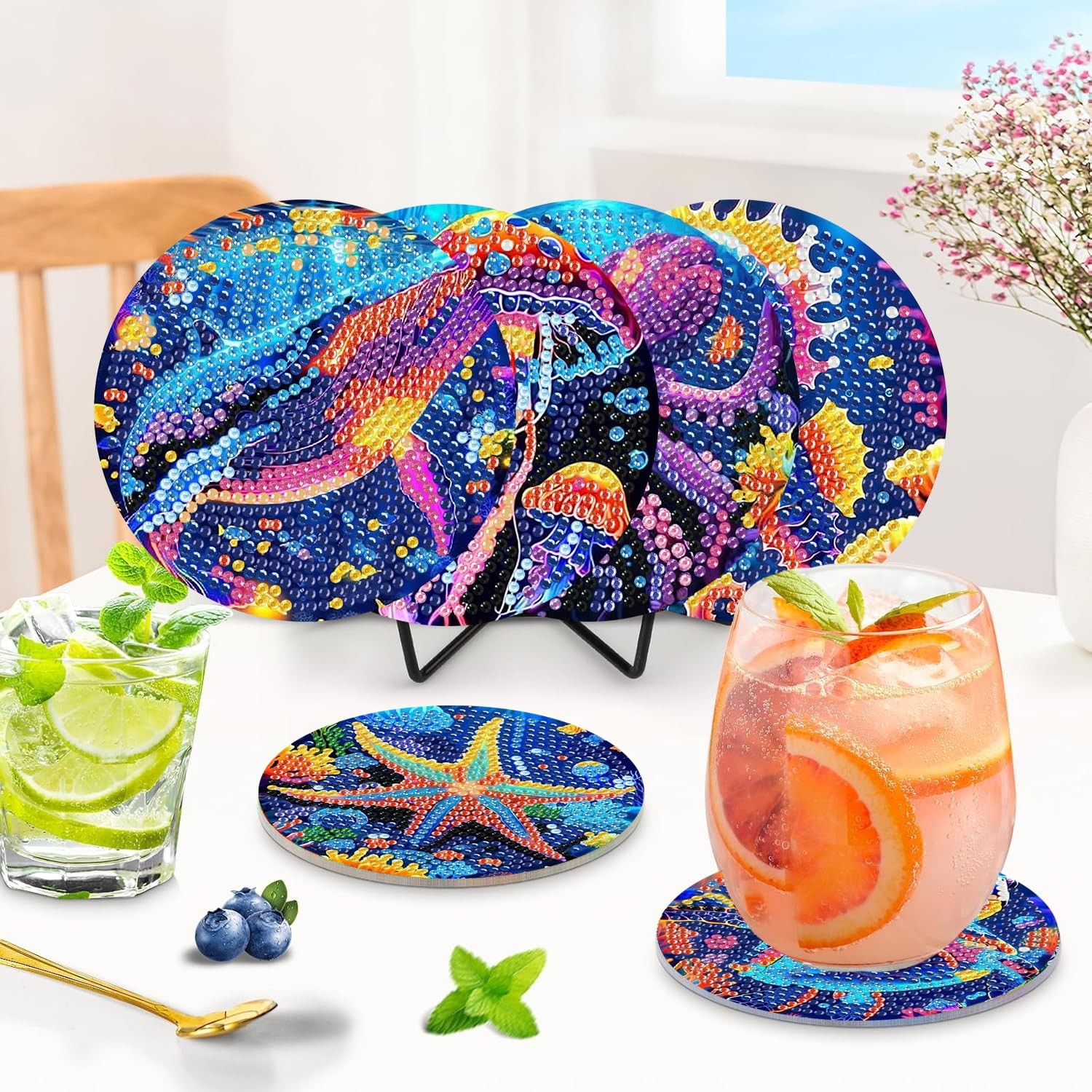 Ekuxom 6 Pcs Diamond Art Coasters Kits, DIY Ocean 4x4in (10x10cm),