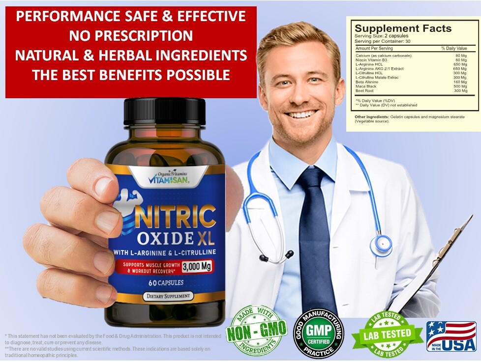 Nitric Oxide Booster L-Arginine, L-Citrulline 3000mg 120 Caps HIGHEST POTENCY
