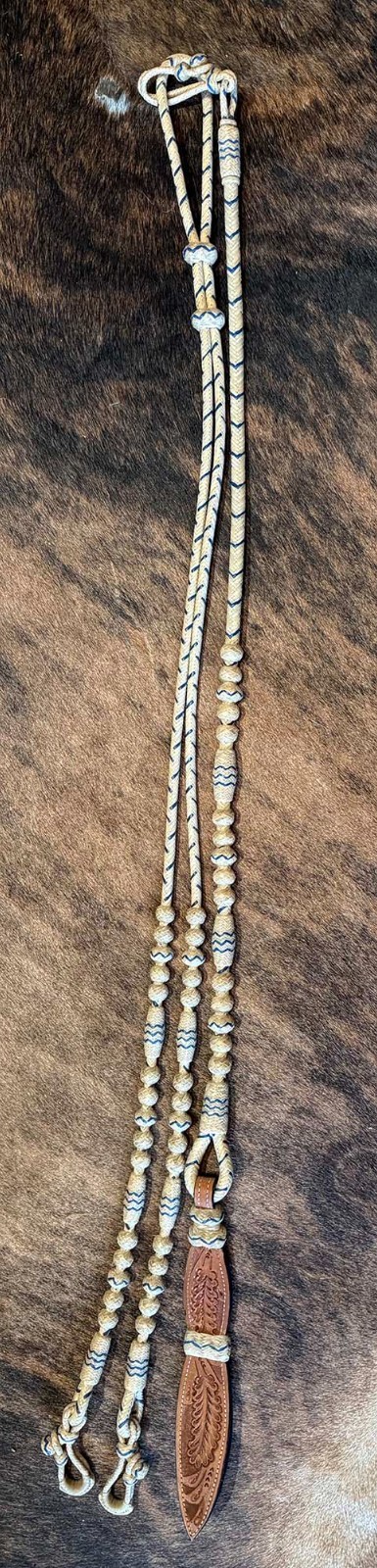 GUITRON HANDMADE 16 Plait RAWHIDE ROMAL REINS W/ Blue Accents Cowboy Vaquero