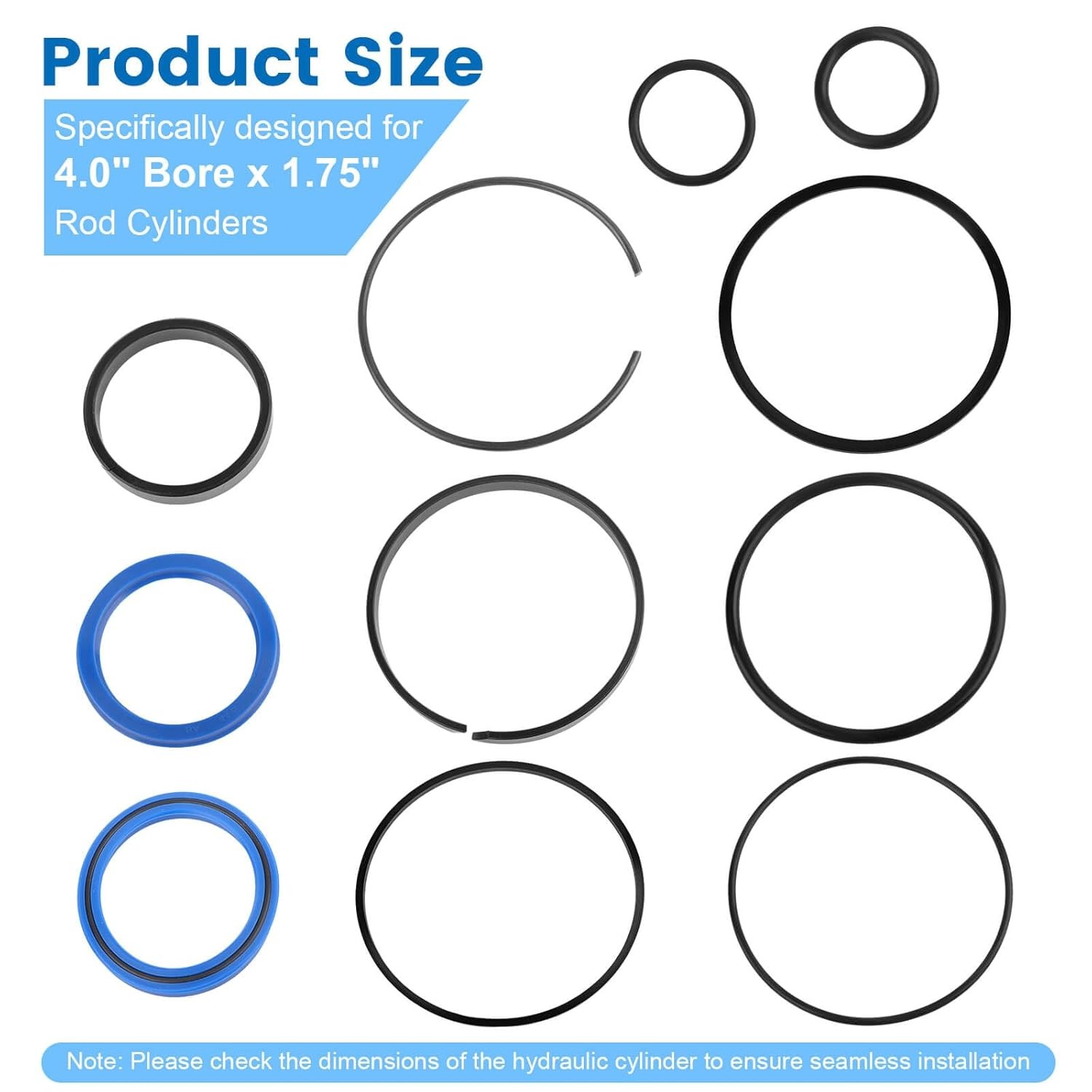 Hydraulic Log Splitter Cylinder Rebuild Seal Kit for 4.0"Bore x1.75"Rod Cylinder