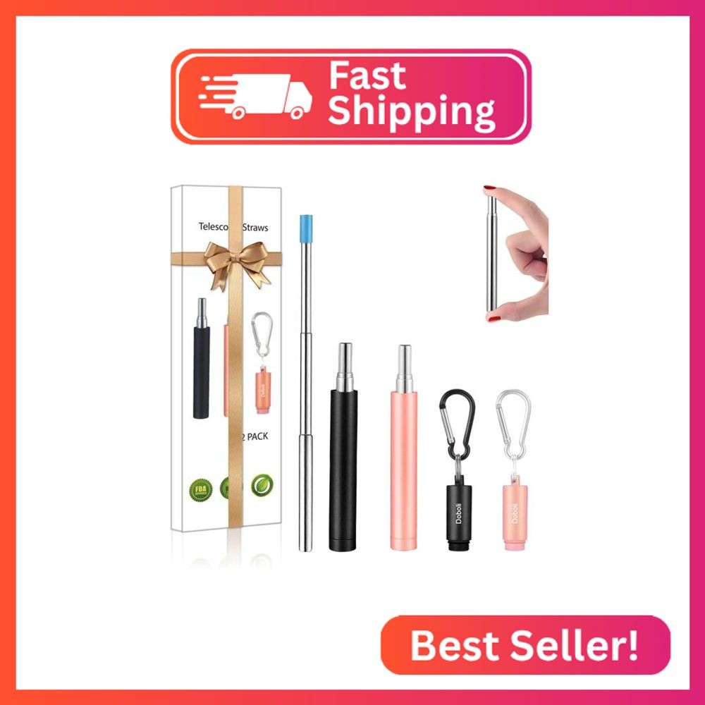 2 Pack Reusable Metal Straws Collapsible Stainless Steel Drinking Straw Travel P