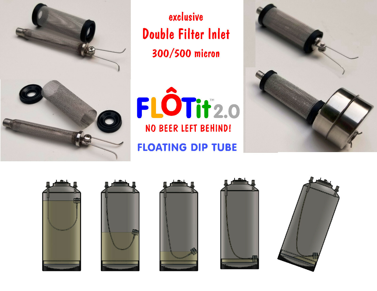 FLOTit 2.0 NO BEER LEFT BEHIND! Floating Dip Tube w/ Double Filter Inlet or DFI