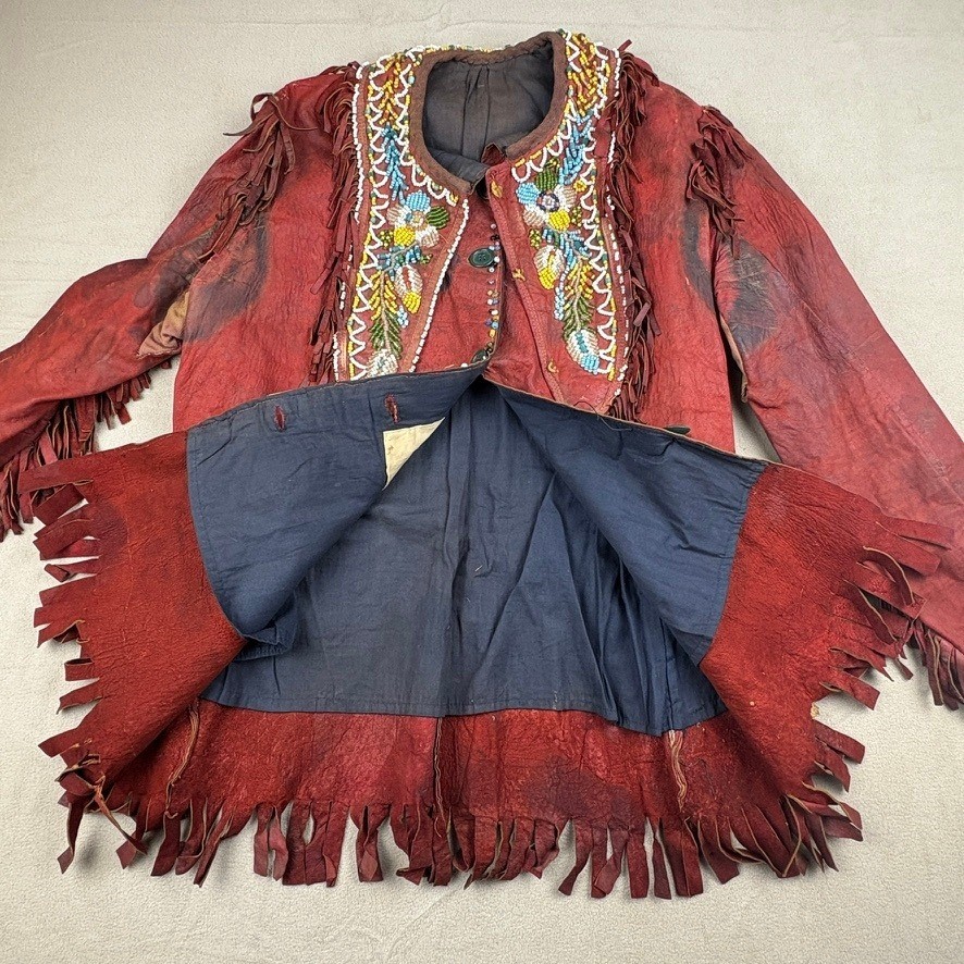 1880 - 1920 Handmade Red Leather Beaded Ceremonial Coat Native American Western