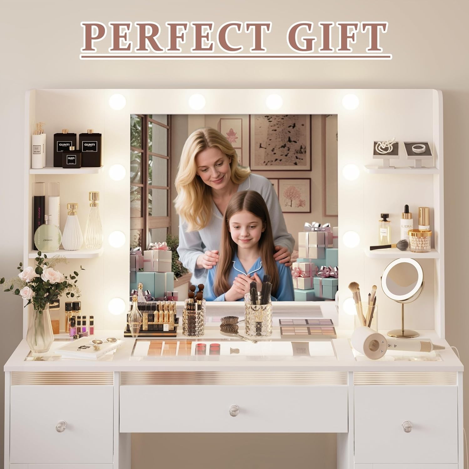 Makeup Vanity With Lights 3 Color Glass Top Vanity Desk 7 Lighted Drawers Power