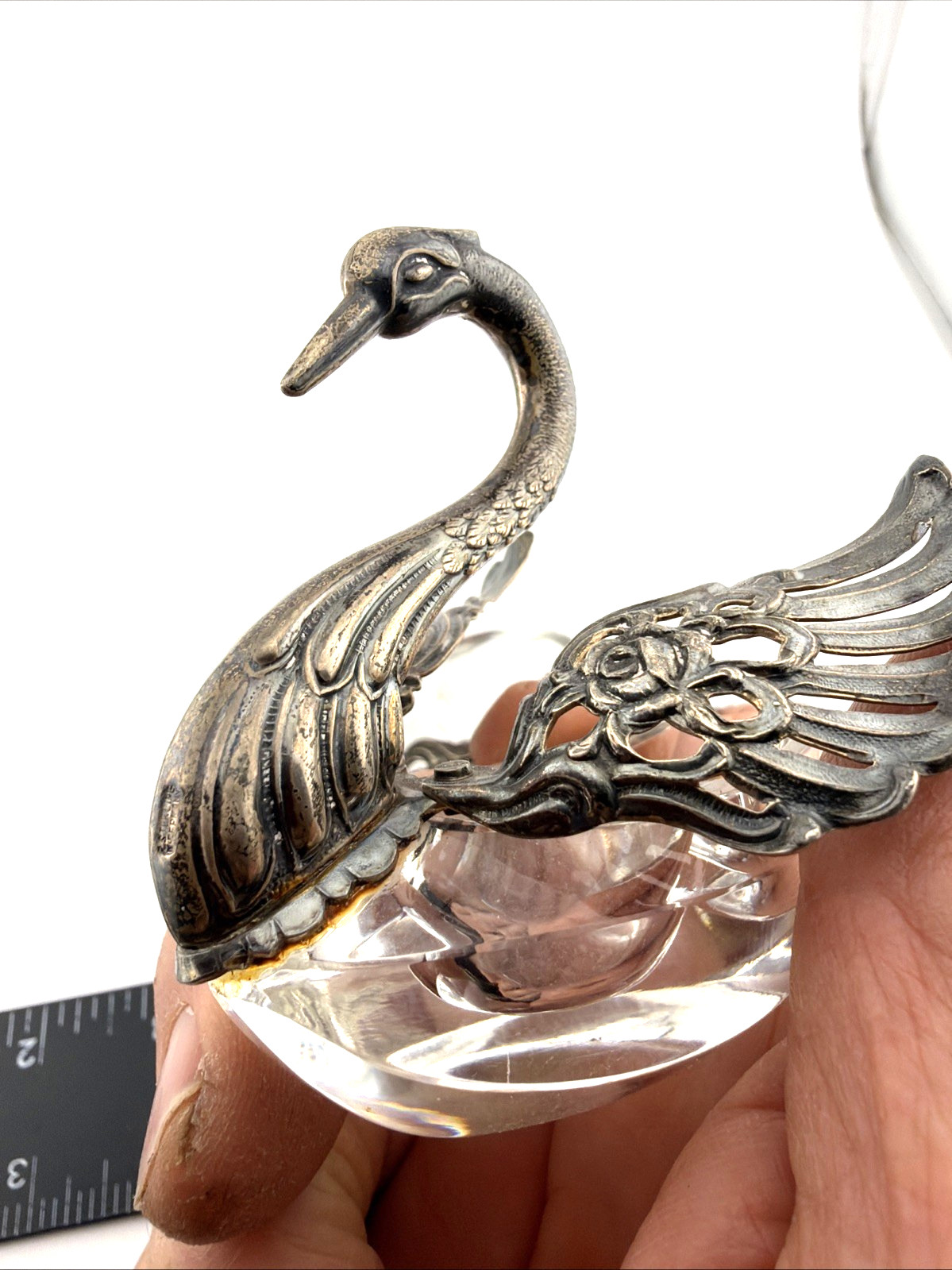 Pair Vintage Sterling Silver and Glass Table Salt Swans R Sterling West Germany