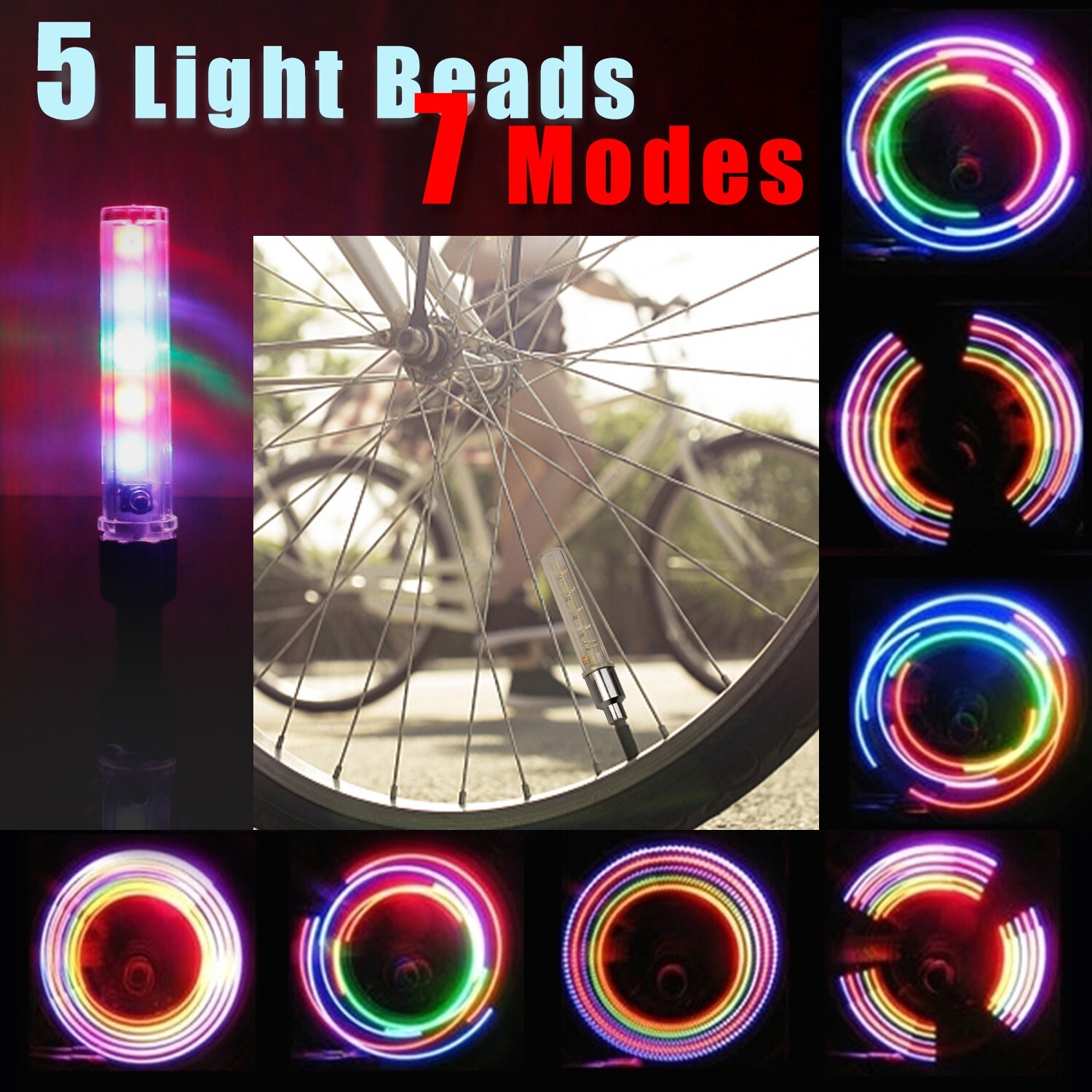 2 Pack Bicycle Waterproof LED Bike Rim Lights for Wheel Tire Valve Spoke 7 Model