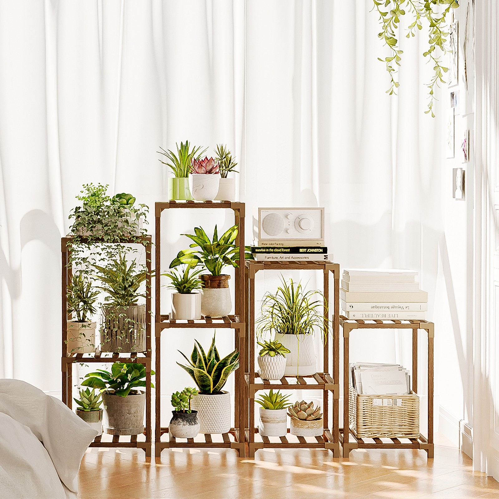 Bamworld Plant Stands Indoor 4 Sets Plant Shelves Outdoor Wooden Plant Holder