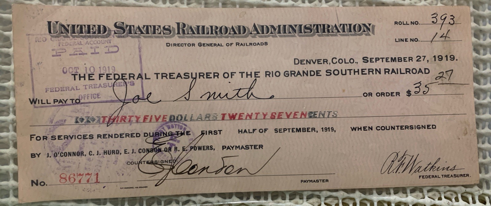 Antique 1919 Used/Cancelled Check Rio Grande Southern Railroad Company