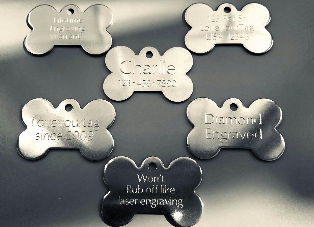 PET TAGS BONE (4.0cm) ID STAINLESS STEEL 2 SIDE DIAMOND ENGRAVE DOG CAT NAME TAG