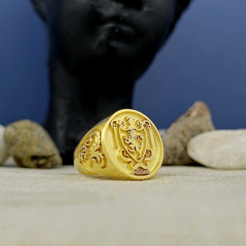 Custom Gold Plated Crest Ring for Men - Engraved Coat of Arms Signet Jewelry