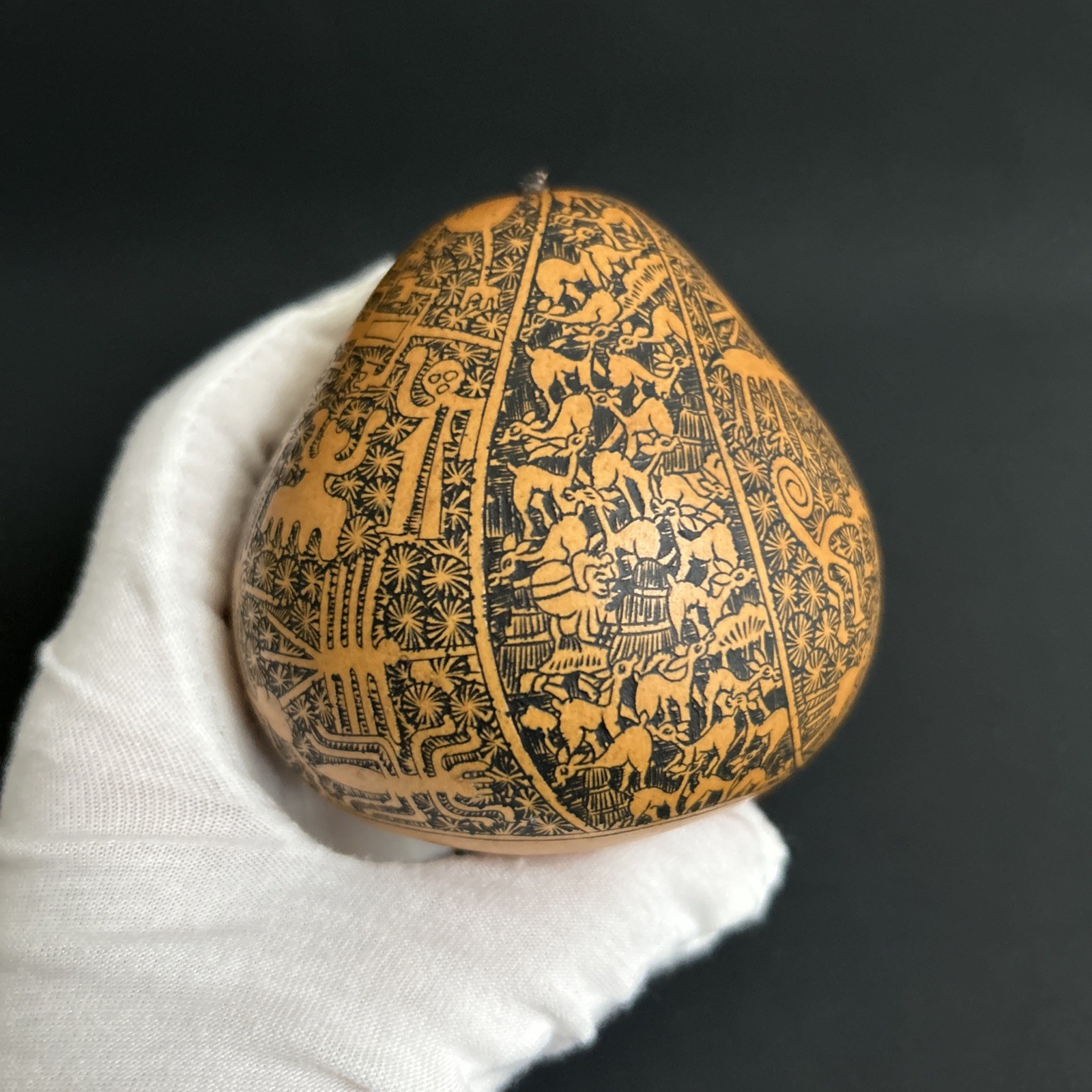 Exquisitely Hand-Carved Natural Gourd with Peruvian Cultural Motifs and Totems