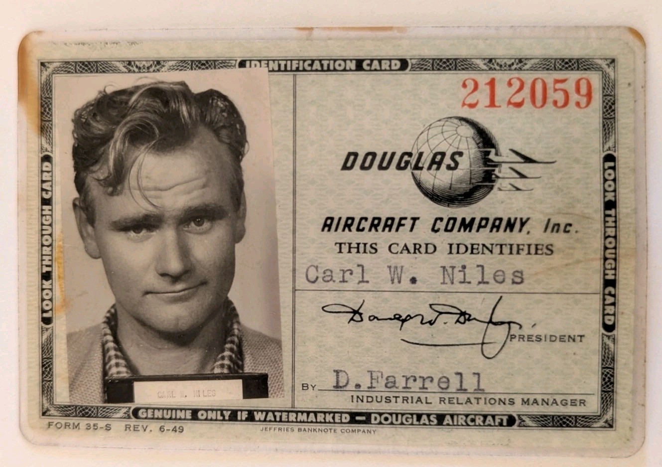 Douglas Aircraft Photo ID Card - Carl Walter Niles 1951