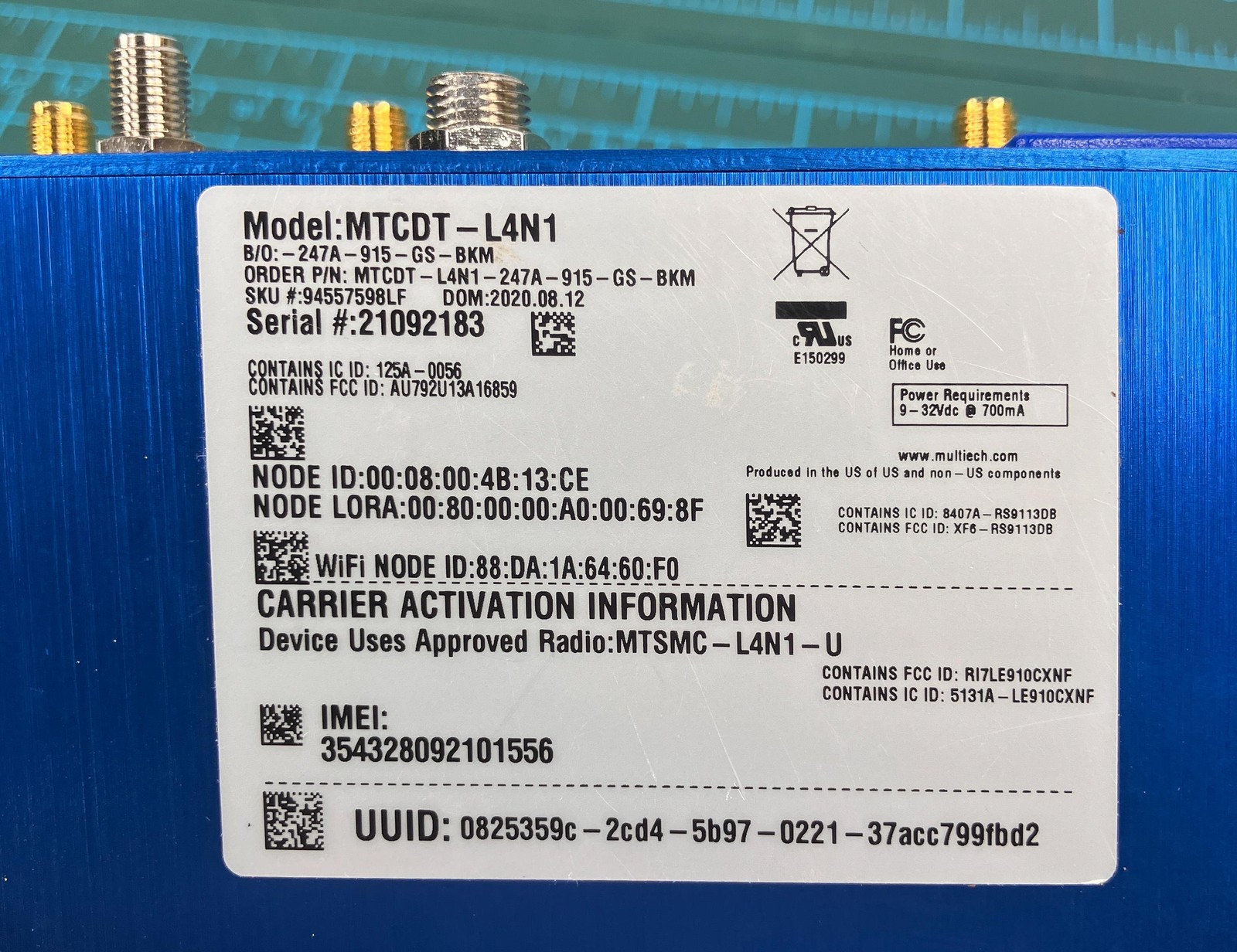 MultiTech MTCDT-L4N1-247A-915-GS-BKM Conduit LTE Gateway Blue GPS WiFi Ethernet