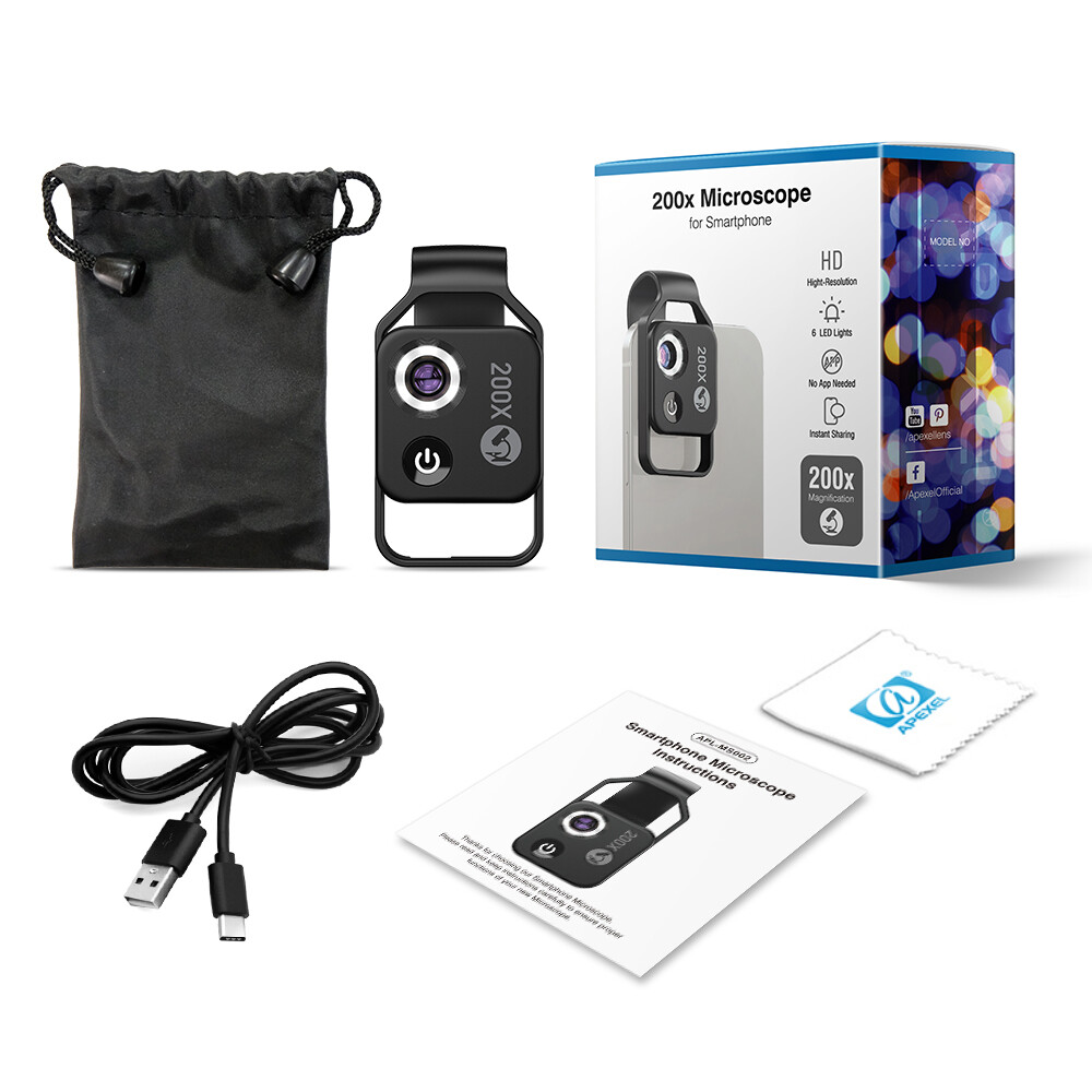 APEXEL HD Digital Mini 200x Magnification Microscope Clip With LED CPL For Phone