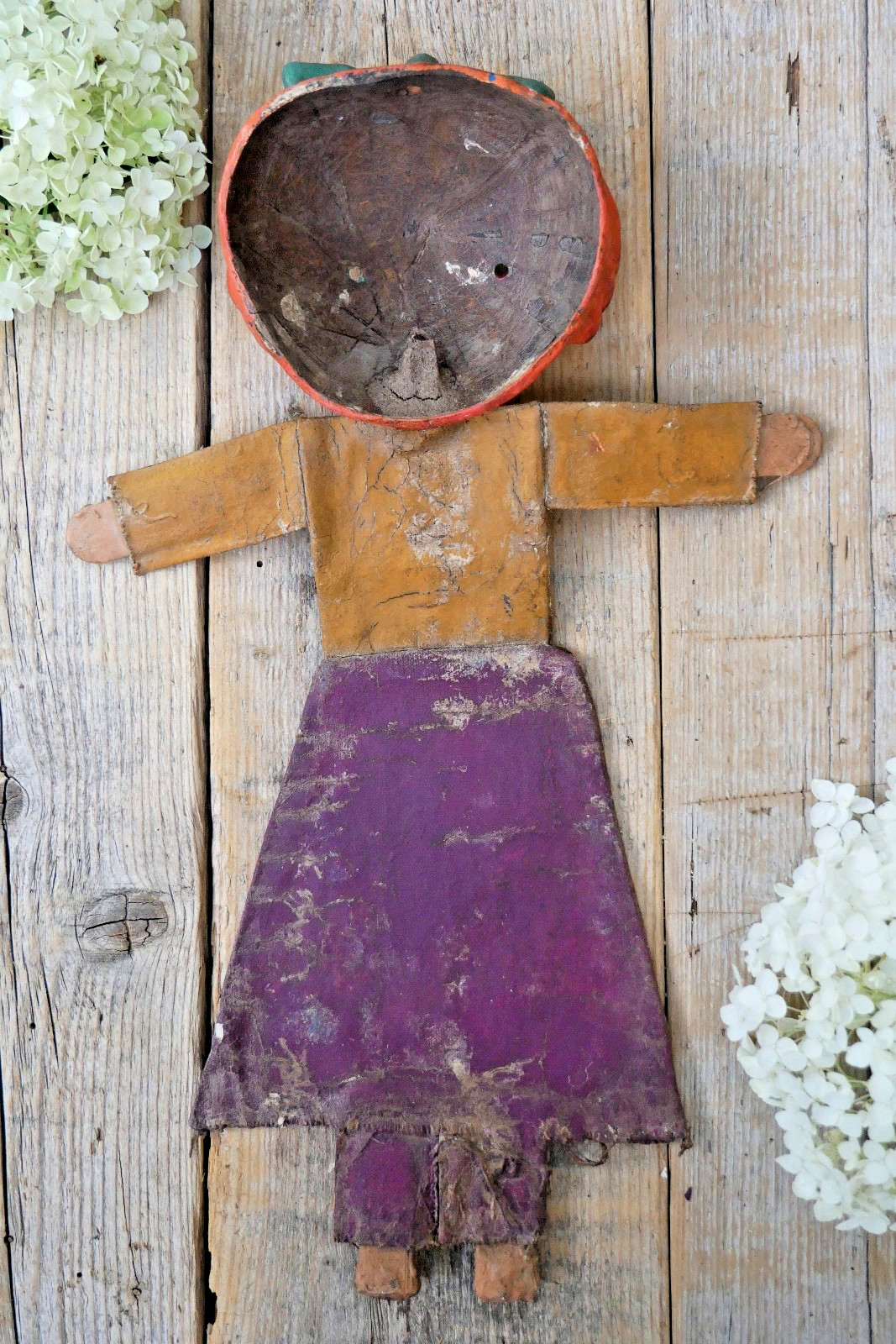 Fruit Girl Canvas Body Coconut Head Distressed Handmade Guerrero Mexico Folk Art