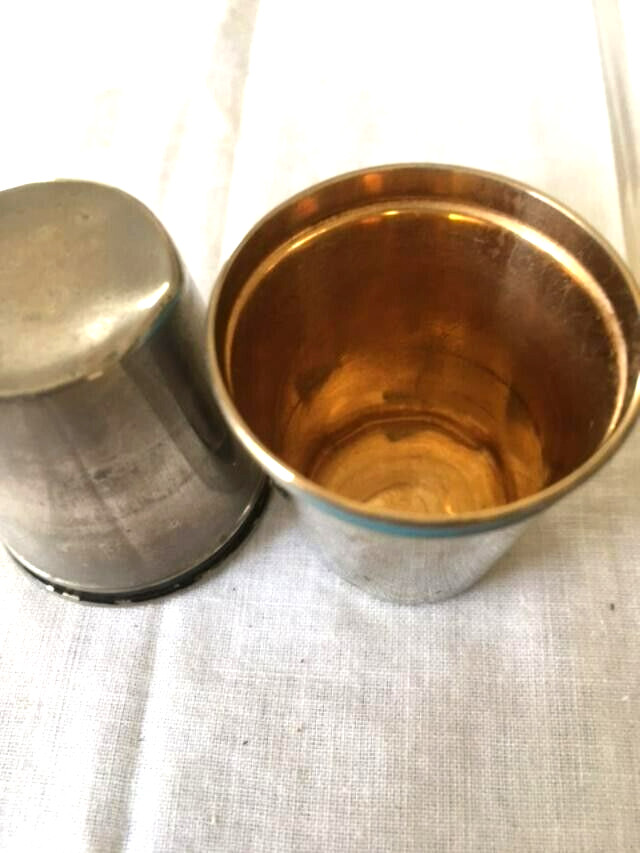 Vintage Flask Plastic Silver Plate Two Cups Silver Gold Tone Camping Hiking