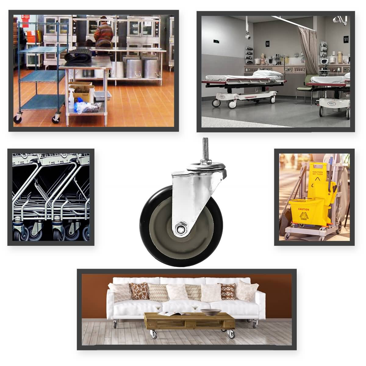 4 Pack 5 Inch Stem Caster Swivel Black Polyurethane Heavy Duty Caster Wheels