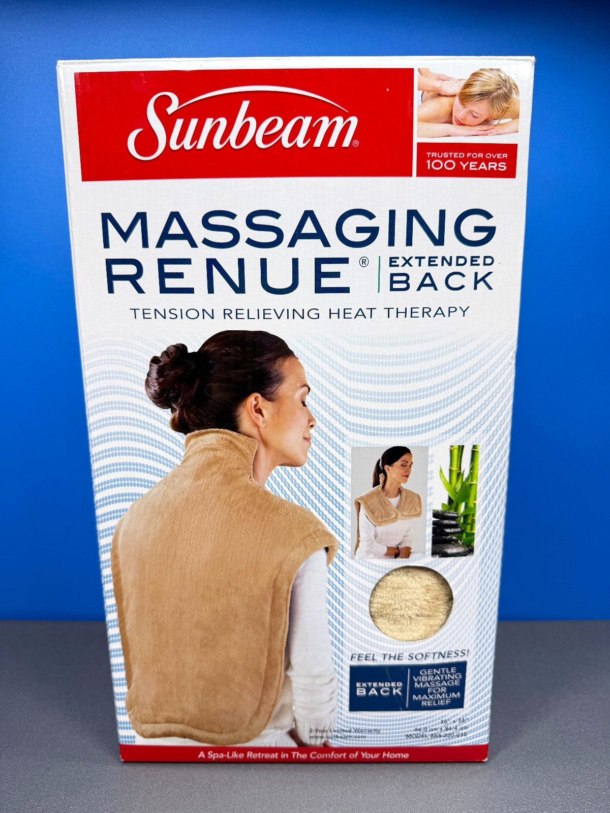 SUNBEAM MASSAGING RENUE EXTENDED BACK HEAT HEATING PAD THERAPY 26" X 34" NEW