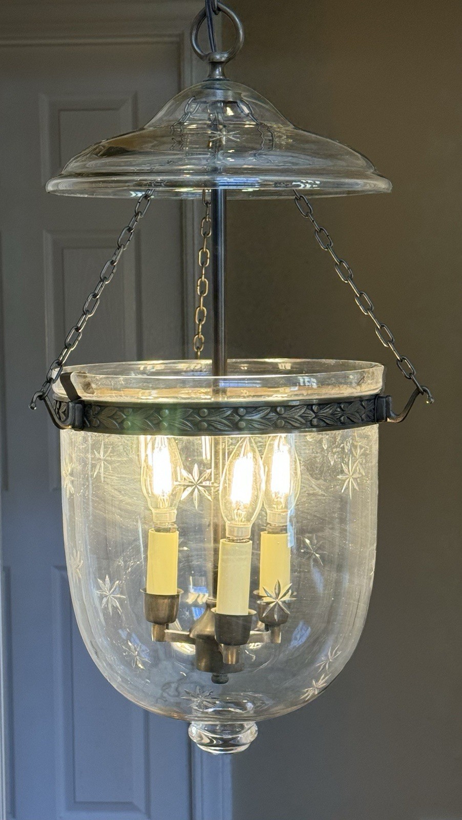 Vintage Bell Jar Lantern Etched Stars 3 Light Chandelier Ceiling Light