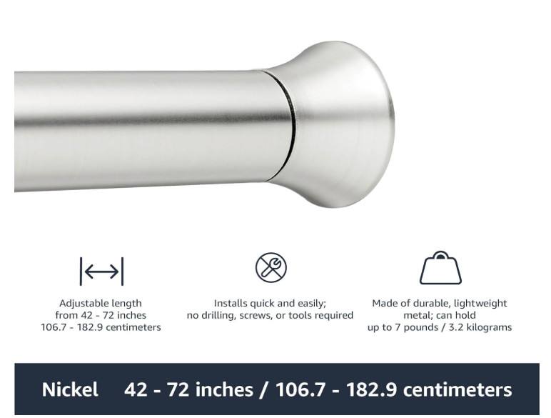 Brushed Nickle Easy install shower curtain tension rod, adjustable length, 42-73