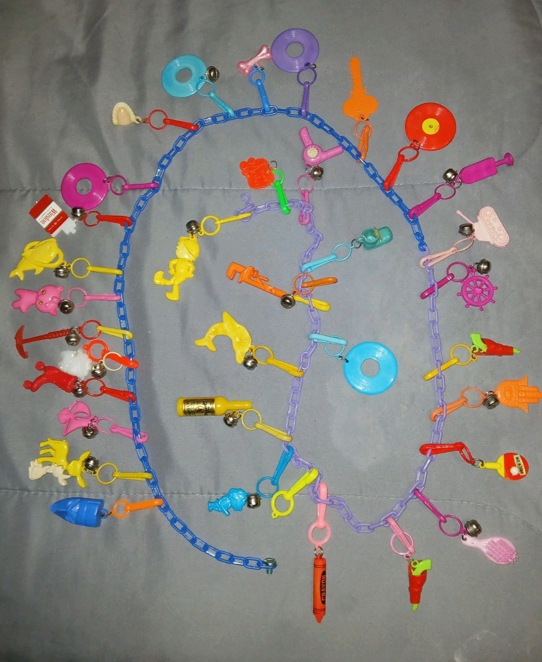 Vintage 80s Plastic 33 Clip Bell Charms Chain Link Necklace & Charms Colorful