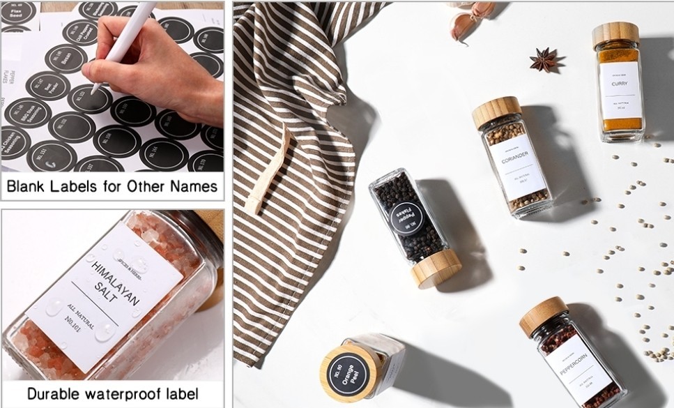 24 Pack] Spice Jars with Label,Seasoning Containers,Glass Spice Jars with Bamboo