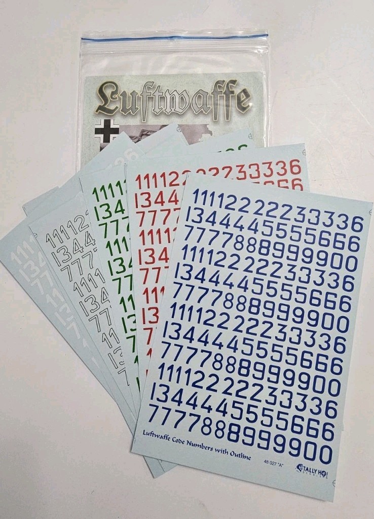 Tally Ho 48-027 Luftwaffe Code Numbers w/ Outline - 1:48, 8 Sheets, 7 Colors