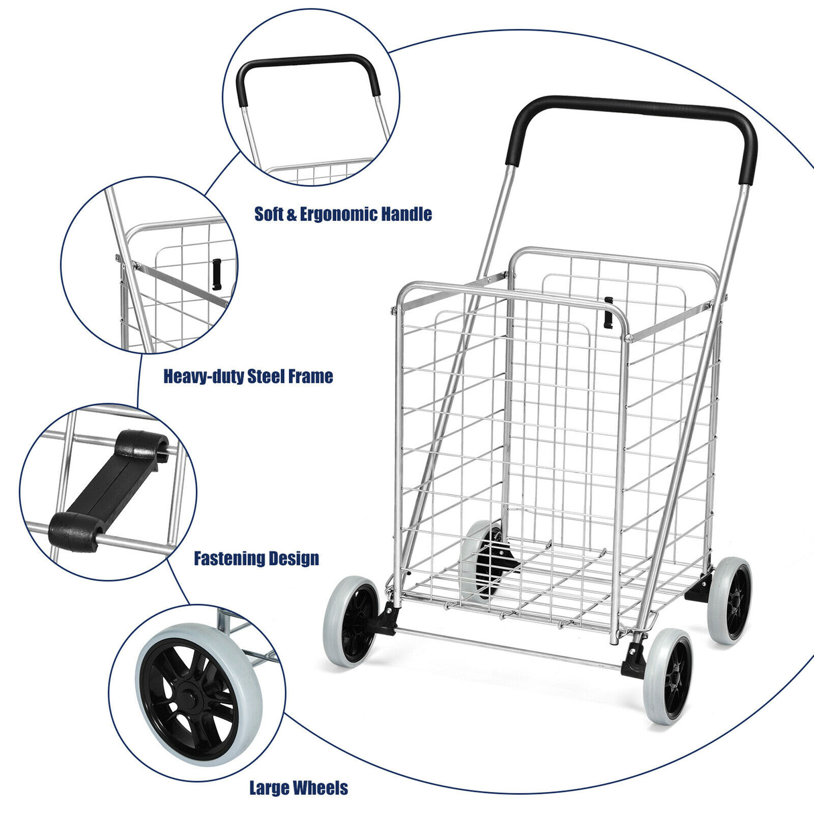 Folding Shopping Cart Utility Trolley Portable For Grocery Laundry Travel Silver