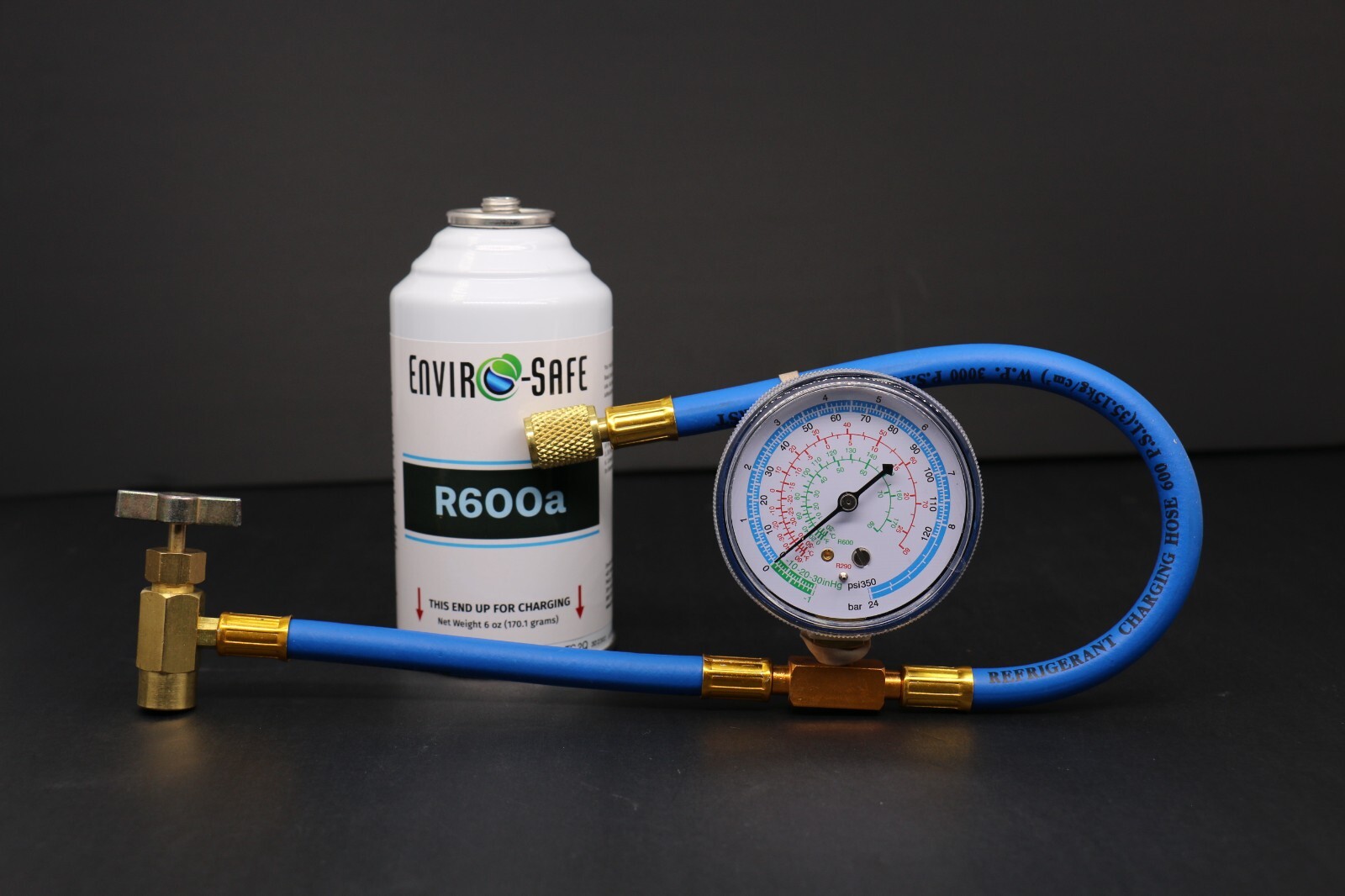 Enviro-Safe R-600a Refrigerant Inverted Piercing 6 oz/ 1 Can and Brass Gauge