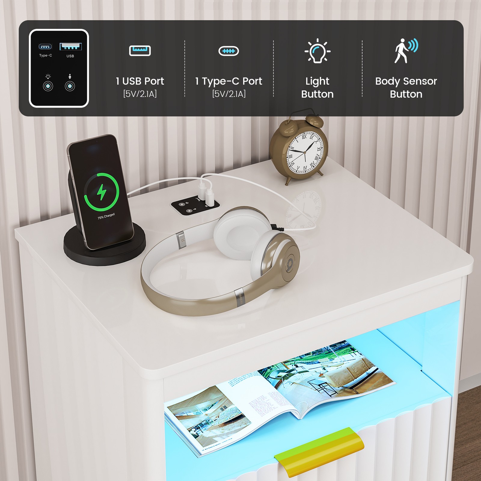 Gurexl Nightstand Set of 2 with Charging Station and 3-Color LED Lights , White