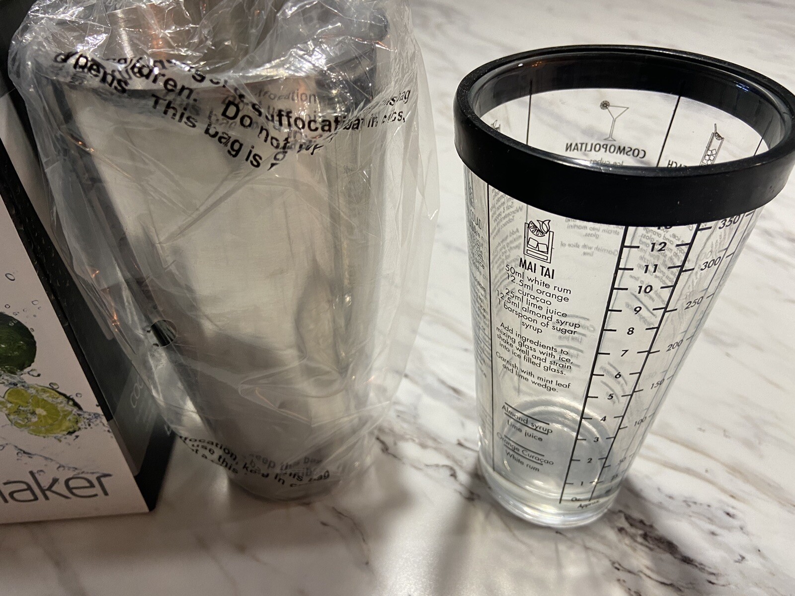 NEW!! BOSTON COCKTAIL SHAKER Stainless Steel And Glass W/Drink Recipes