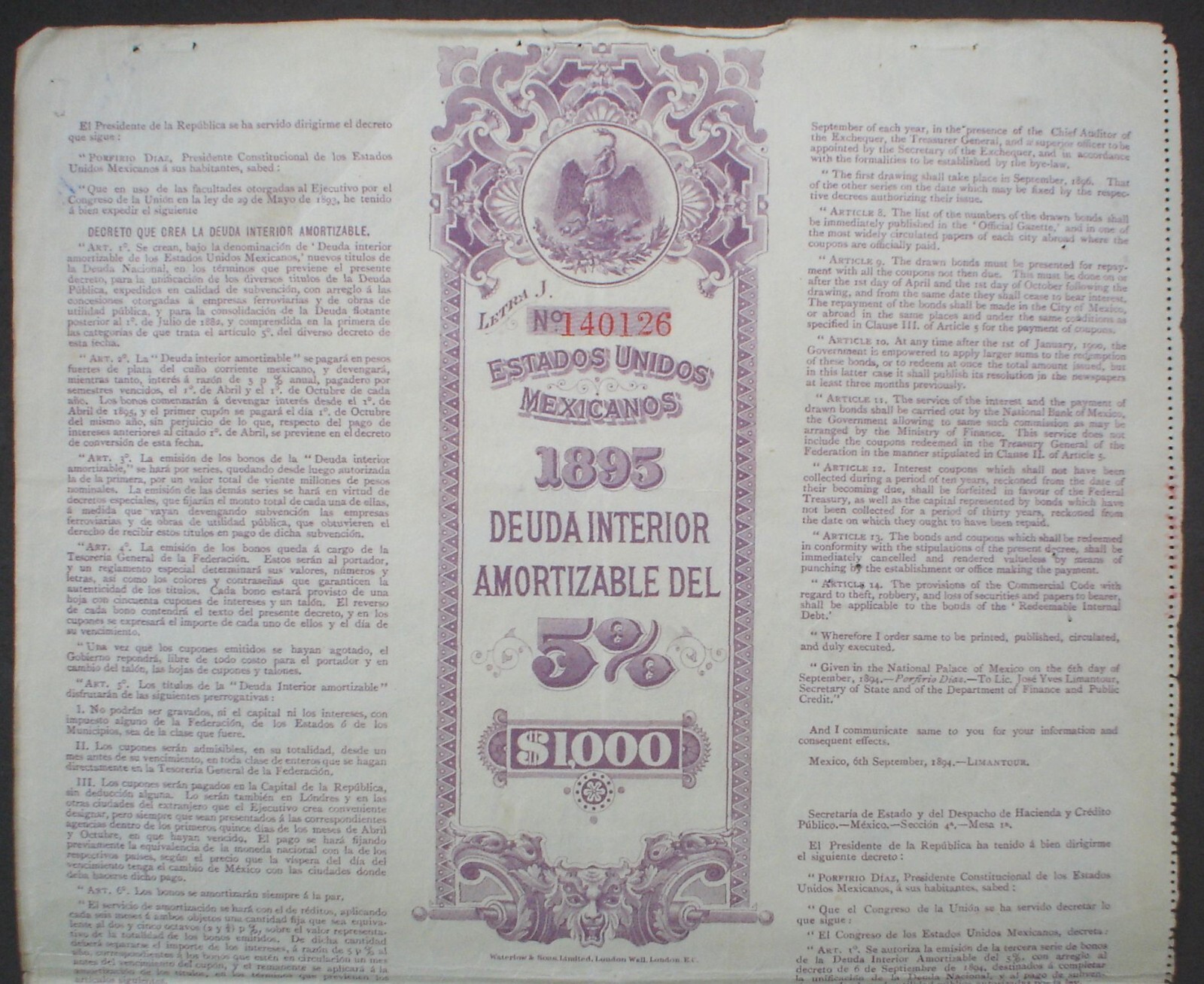 6 x ESTADOS UNIDOS MEXICANOS BONDS 5 x 500 + 1 x 1000$ = £100 + £200 uncanceled