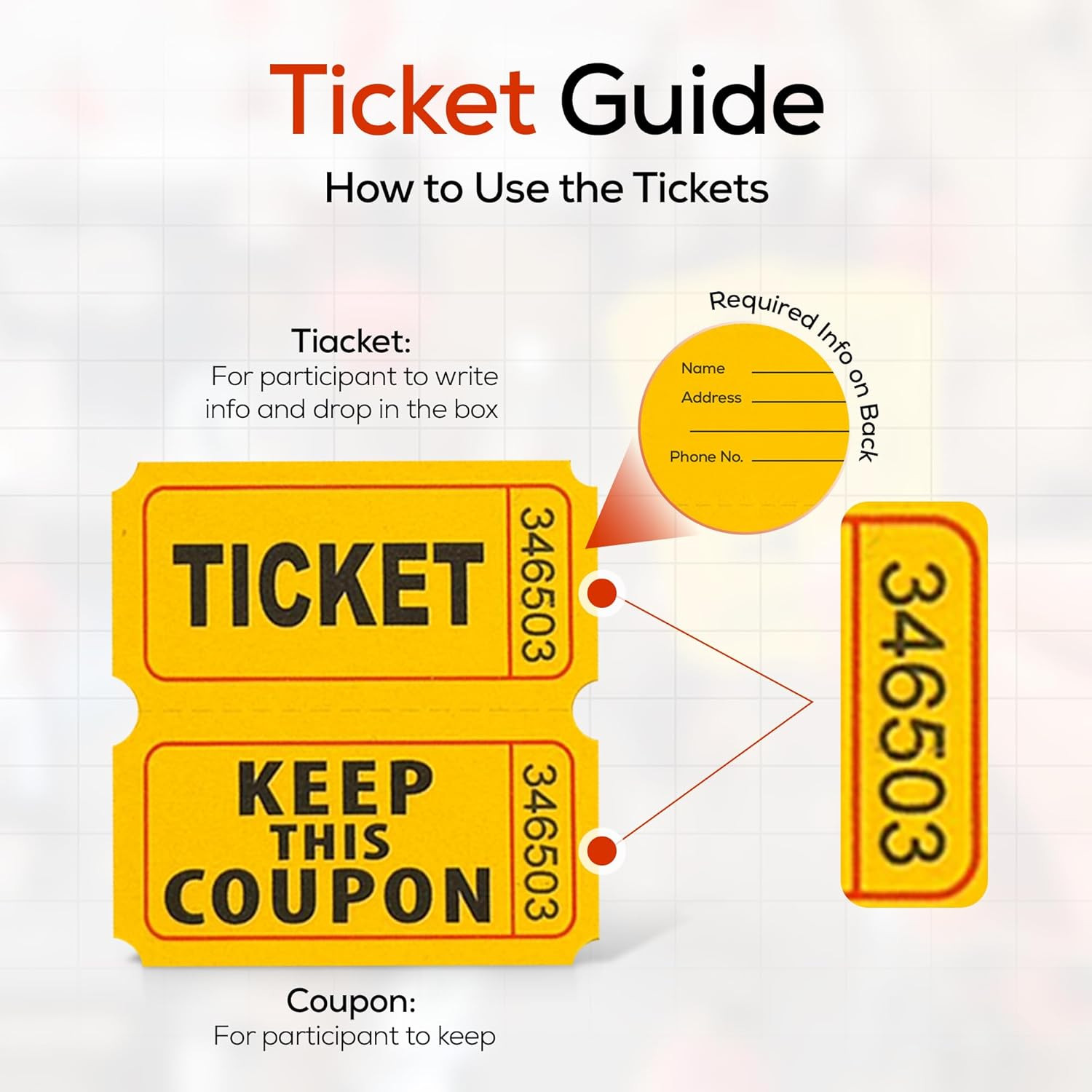 1000 Pairs (2000 Pcs) Raffle Tickets, 50/50 Double Raffle Tickets (Blue/Red/Gree