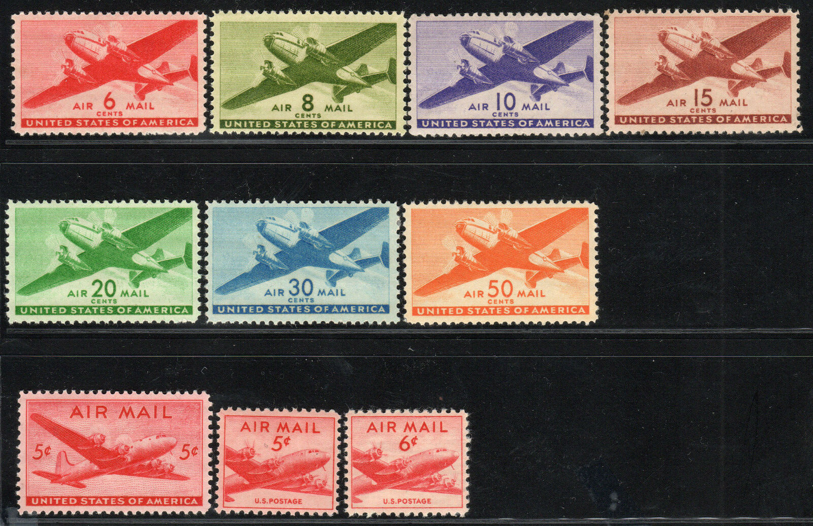 US Airmail Airpost Set of 10 C25-C31 C32 C33 & C39 DC-4 Skymaster Twin Motor MNH
