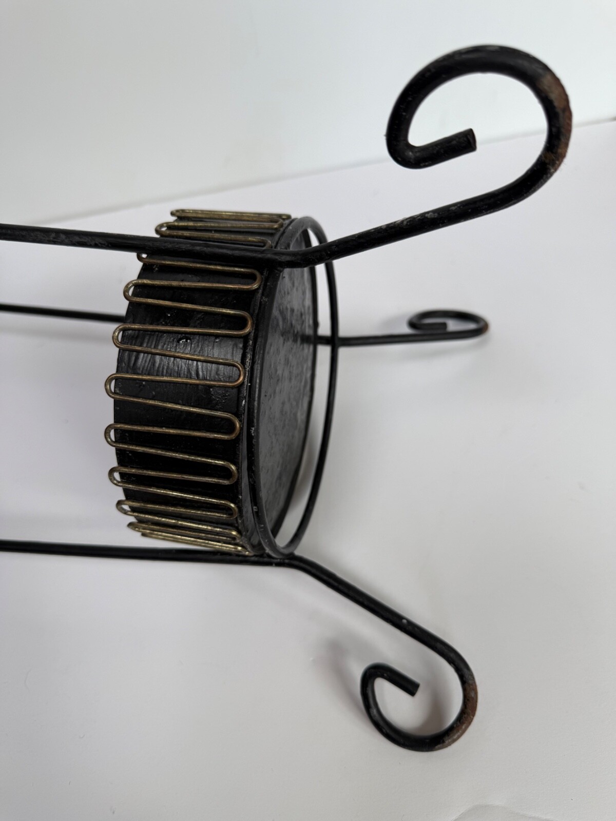 Vtg MCM Umbrella Stand cane walking-stick Holder Black Metal Gold-tone Trim 29"h