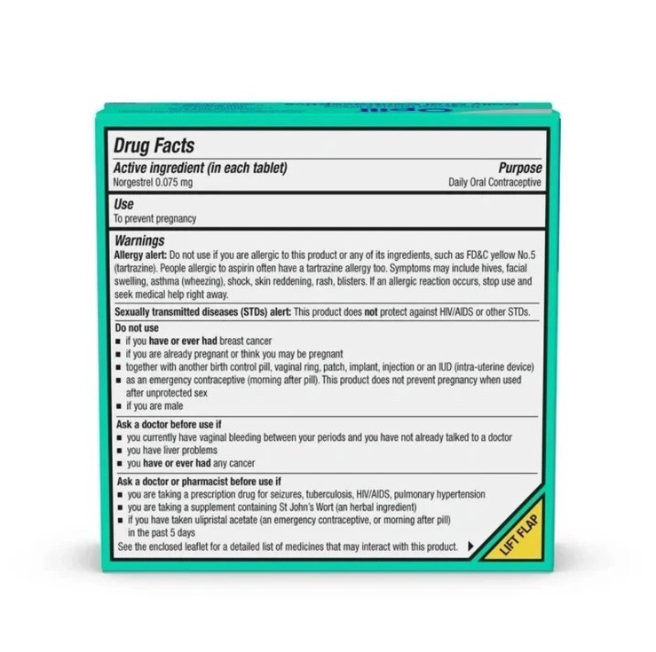 28 Day Supply Opill Norgestrel Tablets 0.075mg Daily Oral Contraceptive 12/25+