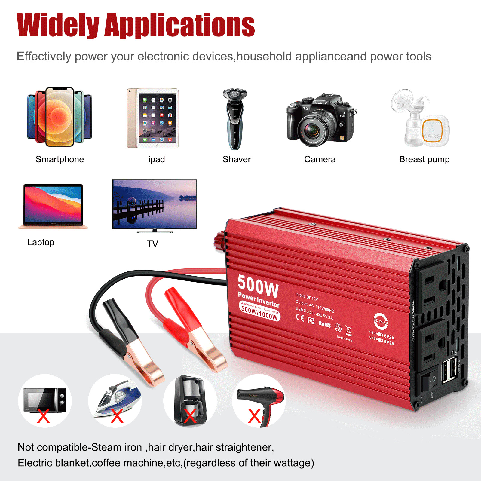 500W Car Power Inverter DC 12V To AC 110V 120V Adapter Converter 2 USB 2 AC